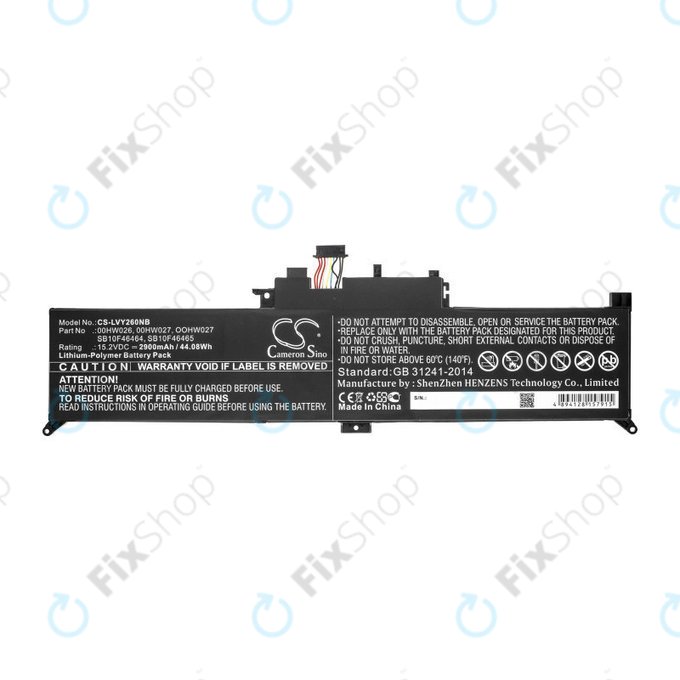 Battery for Lenovo ThinkPad Yoga 260, 2900mAh, Li-Ion, 15.2V, 00HW026, HQ
