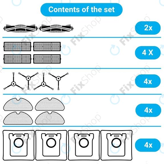 Replacement set for Xiaomi Viomi Alpha 2 PRO, V5 PRO, V5 (2x Main brushes, 4x Filters, 4x Side brushes, 4x Mop cloths, 4x Dust bags)