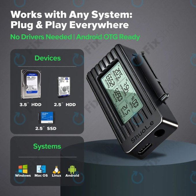 USB-C / USB 3.0 to SATA Adapter for HDD/SSD with Display, 12V/3A EU