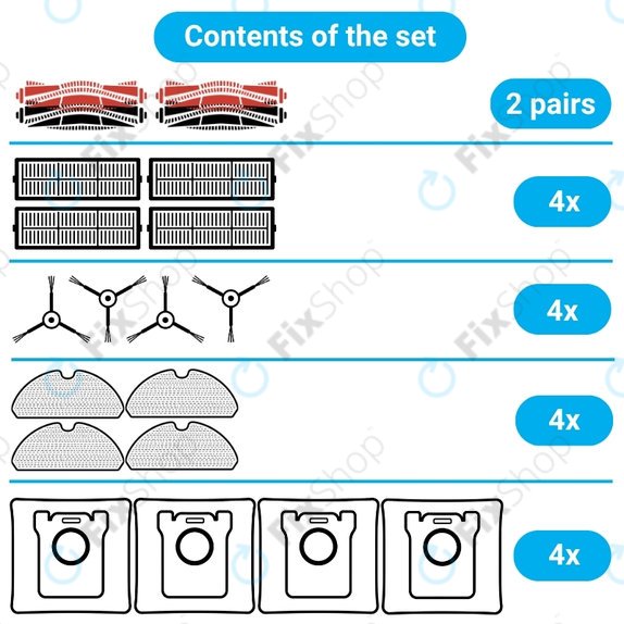 Replacement set for Xiaomi Roborock S8, S8+, S8 Pro Ultra (2 pairs of Main brushes, 4x Filter, 4x Side brush - Black, 4x Mop cloth, 4x Dust bag)