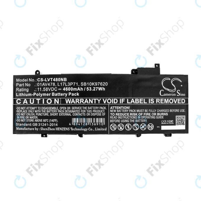 Battery for Lenovo ThinkPad T480S, 4600mAh, Li-Pol, 11.58V, 01AV478, HQ