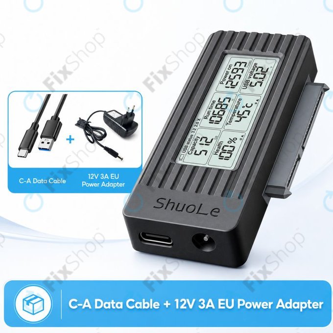 USB-C / USB 3.0 to SATA Adapter for HDD/SSD with Display, 12V/3A EU