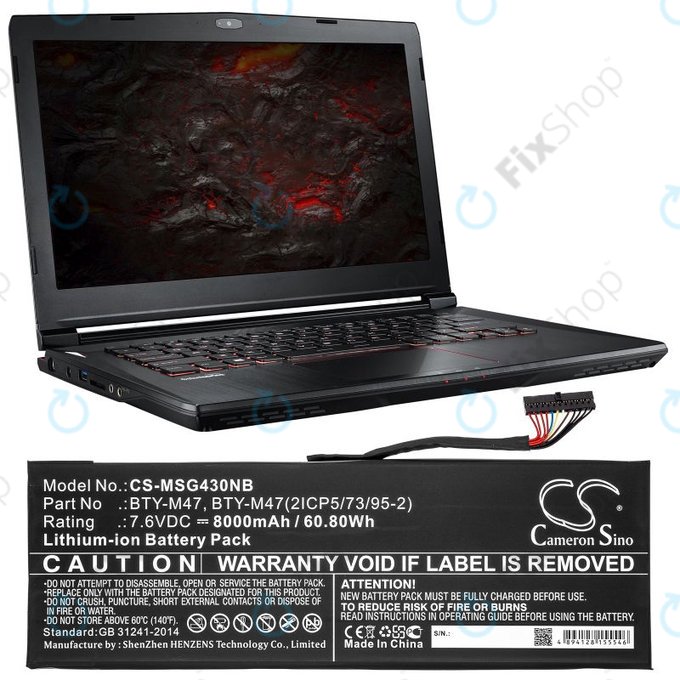Battery for MSI GS40, GS43, MS14, 8000mAh, Li-Ion, 7.6V, BTY-M47, HQ