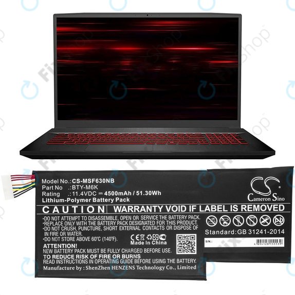 Battery for MSI GF63, MSI GF75, MSI GS63, 4500mAh, Li-Pol, 11.4V, BTY-M6K, HQ