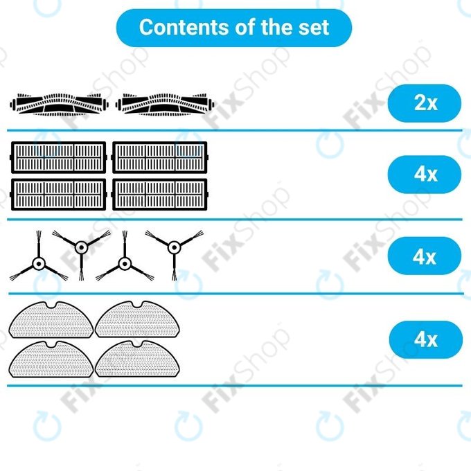 Replacement set for Xiaomi Roborock S5 Max, S6, S6 MaxV, S6 Pure, Xiaowa E3 (2x Main brush, 4x Filter, 4x Side brush - White, 4x Mop cloth)