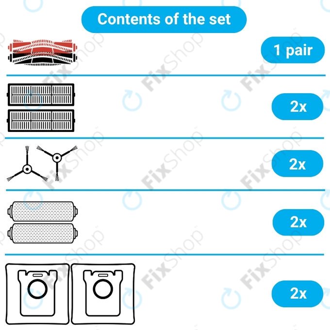 Replacement set for Dreame Aqua 10, 10 Ultra (1 pair of Main brushes, 2x Filter, 2x Side brush, 2x Mop cloth, 2x Dust bag)