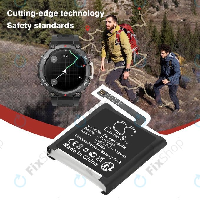 Battery for Amazfit T-Rex 2, A2169, A2170, 500mAh, Li-Pol, 3.87V, PL572428, HQ