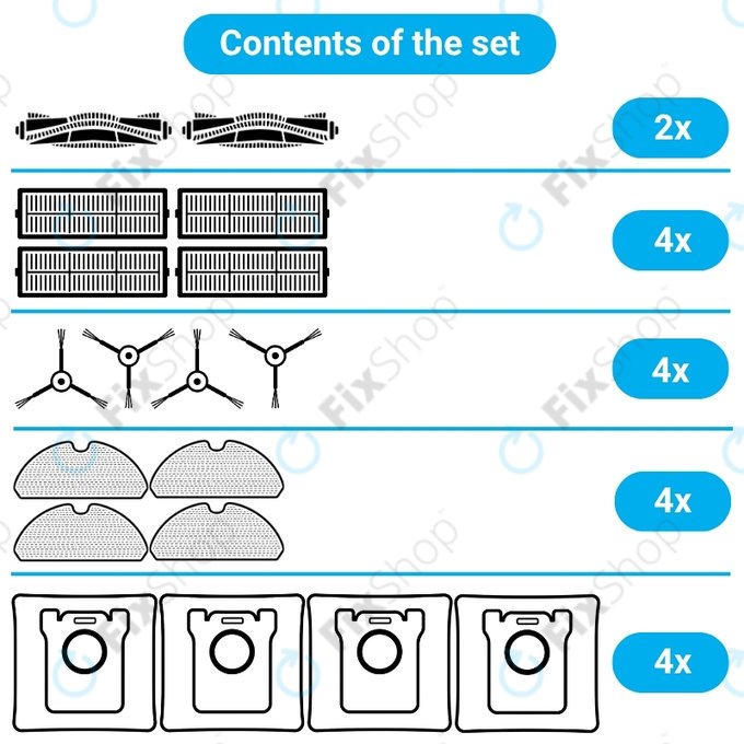Replacement set for Xiaomi Roborock Q7+, Q7 Max, Q7 Max+ (2x Main brush, 4x Filter, 4x Side brush - White, 4x Mop cloth, 4x Dust bag)