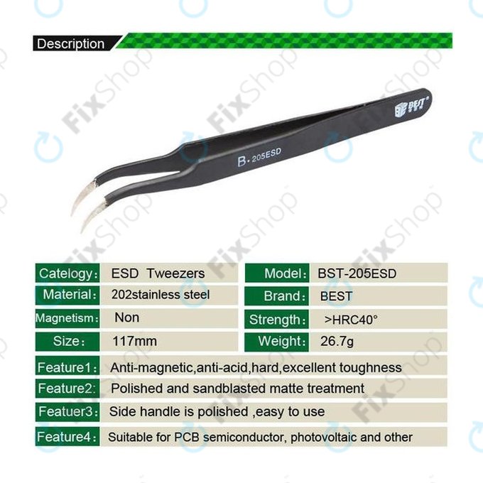 Best B-205ESD - ESD Metal Tweezer with Curved Tip (117mm)