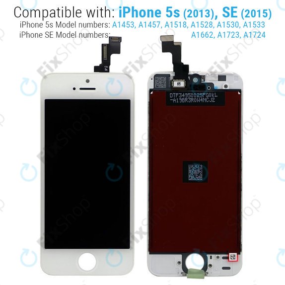 Display for iPhone 5S, SE, White, Touch Screen with Frame