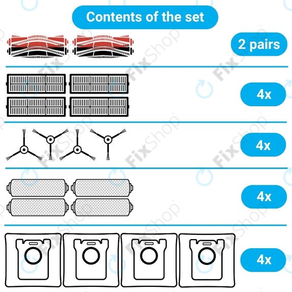 Replacement set for Dreame Aqua 10, 10 Ultra (2 pairs of Main brushes, 4x Filter, 4x Side brush, 4x Mop cloth, 4x Dust bag)