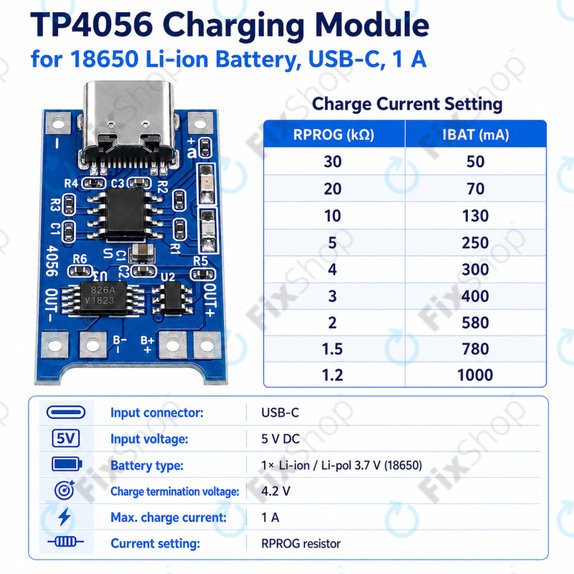 Charging module TP4056 for 18650 Li-ion battery, USB-C, 1A