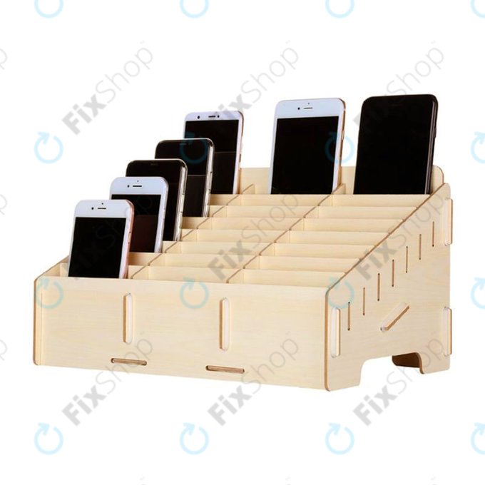 Universal wooden stand / organizer for phones with 24 compartments