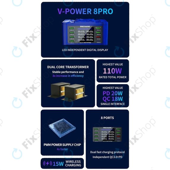 Mechanic V-Power 8 Pro - USB Charging Station with USB-C, USB 3.0