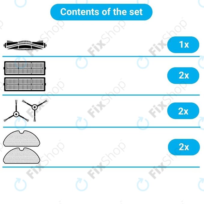 Replacement set for Xiaomi Mi Robot Vacuum Mop (Mijia 1C), 2 (Mijia 2C) 2 Pro+ (Mijia 1T) (1x Main brush, 2x Filter, 2x Side brush, 2x Mop cloth)