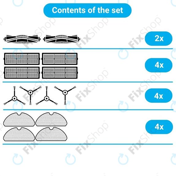 Replacement set for Xiaomi Mi Robot Vacuum Mop (Mijia 1C), 2 (Mijia 2C) 2 Pro+ (Mijia 1T) (2x Main brush, 4x Filter, 4x Side brush, 4x Mop cloth)