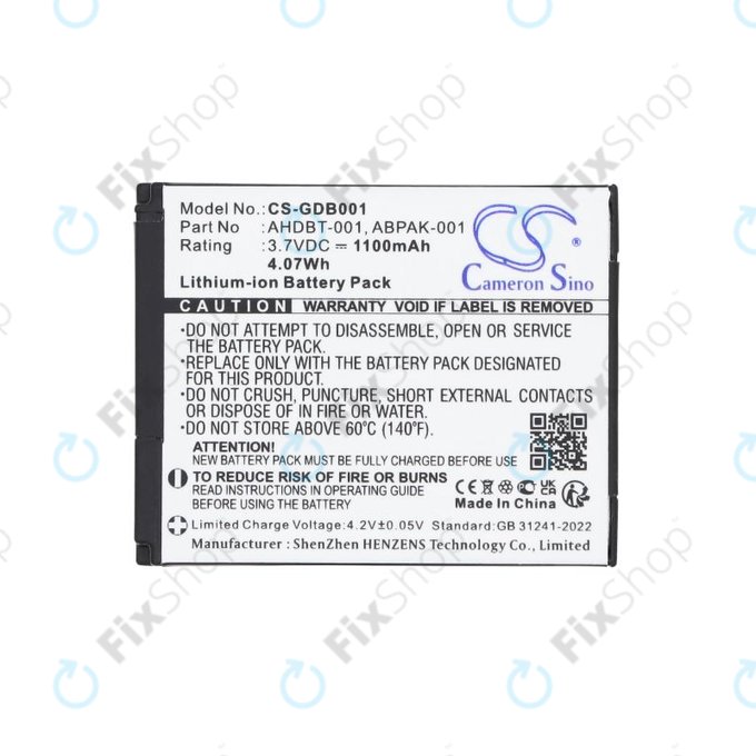 Battery for GoPro HD Hero, Hero2, 1100mAh, Li-Ion, 3.7V, AHDBT-001, HQ