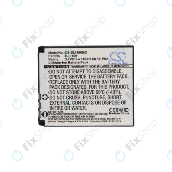 Battery for Kodak PIXPRO SP1, Kodak PIXPRO SP1 HD, 1000mAh, Li-Ion, 3.7V, D-LI106, HQ