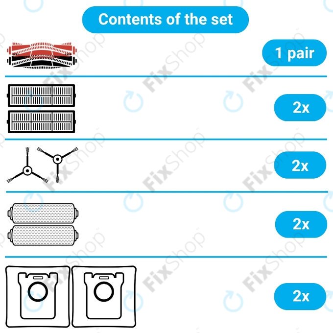 Replacement set for Mova Z60 Ultra Roller (1 pair of Main brushes, 2x Filter, 2x Side brush, 2x Mop cloth, 2x Dust bag)