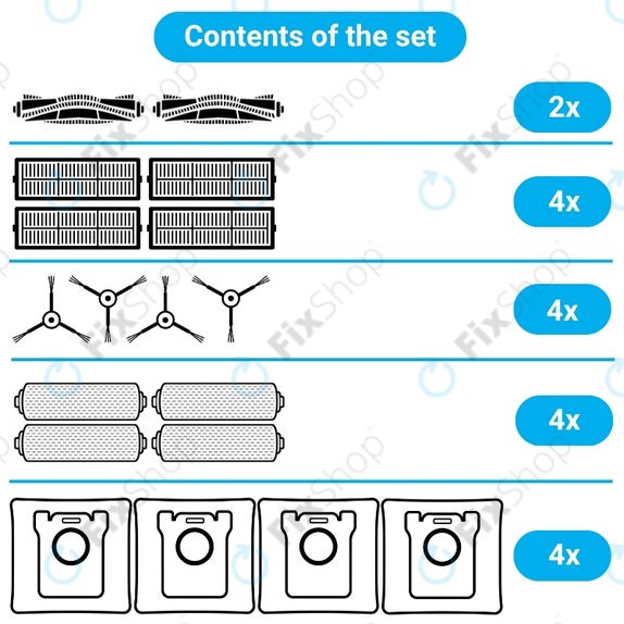 Replacement set for Ecovacs Deebot X9 Pro Omni (2x Main brush, 4x Filter, 4x Side brush, 4x Mop cloth, 4x Dust bag)