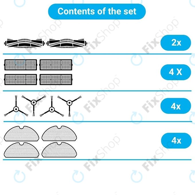 Replacement set for Xiaomi Dreame Bot L10 Pro, D9, D9 Pro, D9 Max, Trouver LDS (2x Main brushes, 4x Filters, 4x Side brushes, 4x Mop cloths)