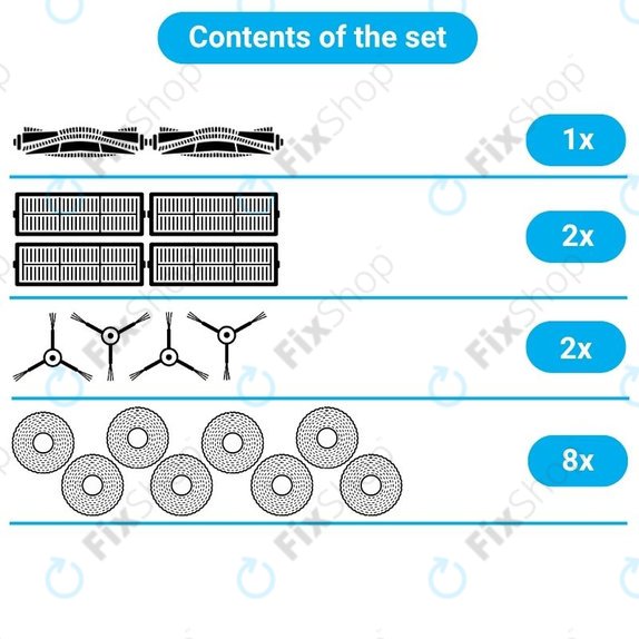 Replacement set for Xiaomi Dreame Bot W10, W10 Pro (2x Main brushes, 4x Filters, 4x Side brushes, 4x Mop cloths)