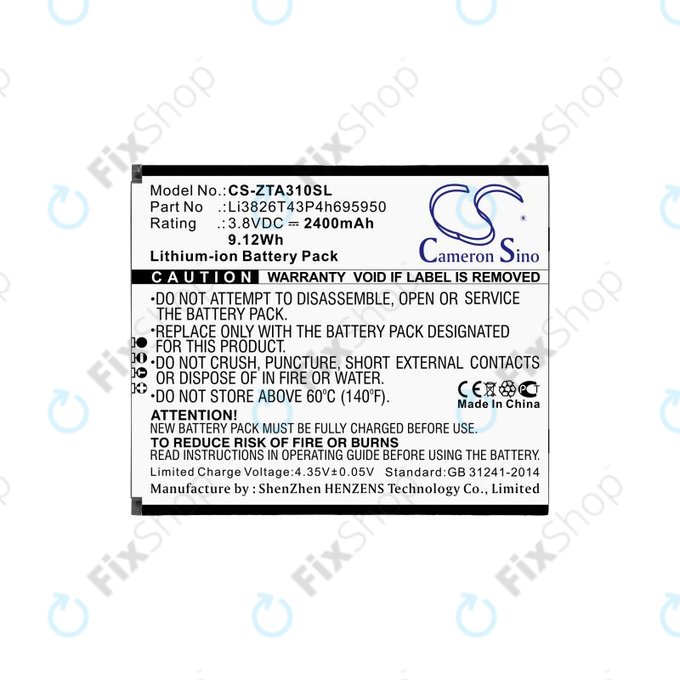 Battery for ZTE Blade A3, A5, Optus X Power 2, 2400mAh, Li-Ion, 3.8V, Li3826T43P4h695950, HQ