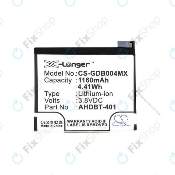 Battery for GoPro Hero 4, 1160mAh, Li-Ion, 3.8V, AHDBT-401, HQ