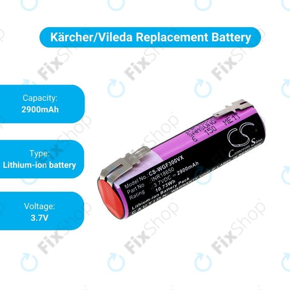 Karcher WV1, WV2, WV2 Plus, WV2 Premium, WV50 Plus, WV70 Plus - Battery INR18650 Li-Lon 3.7V 2900mAh HQ