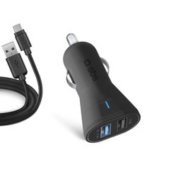 SBS - Car Charger 2x USB + Cable USB / USB-C, black