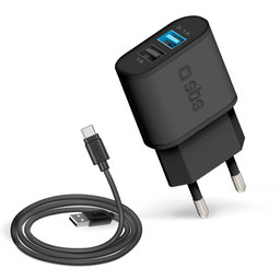 SBS - 10W Charging Adapter 2x USB + Cable USB / USB-C, black