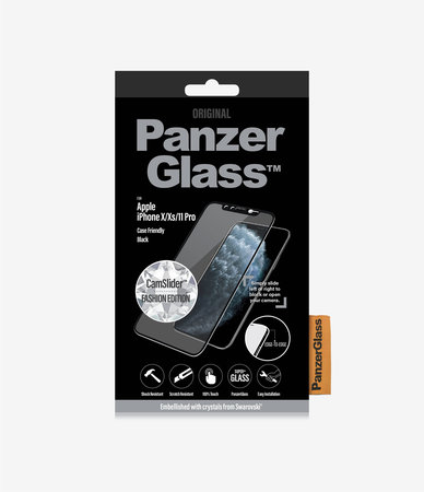 PanzerGlass - Tempered Glass Case Friendly CamSlider Swarovski for iPhone 11 Pro / XS / X, Black
