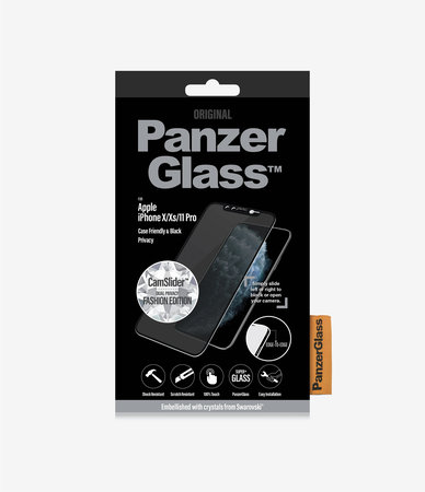 PanzerGlass - Tempered Glass Privacy Case Friendly CamSlider Swarovski for iPhone 11 Pro / XS / X, Black