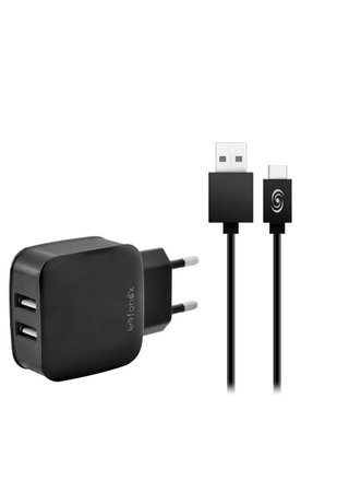 Fonex - Charging Adapter 2x USB + USB / USB-C Cable, 10W, Black