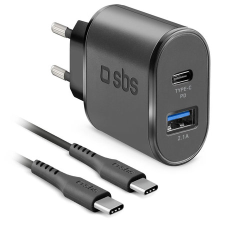 SBS - 18W Charging Adapter USB, USB-C + Cable USB-C / USB-C, black