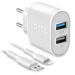 SBS - 10W Charging Adapter 2x USB + Cable USB / Lightning, white