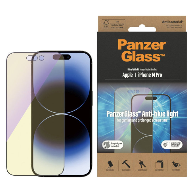 Tempered Glass UWF Anti-Bluelight AB with Applicator for iPhone 14 Pro, Black, PanzerGlass