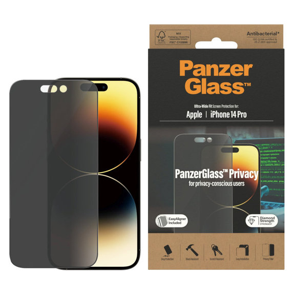 Tempered Glass UWF Privacy AB with Applicator for iPhone 14 Pro, Black, PanzerGlass