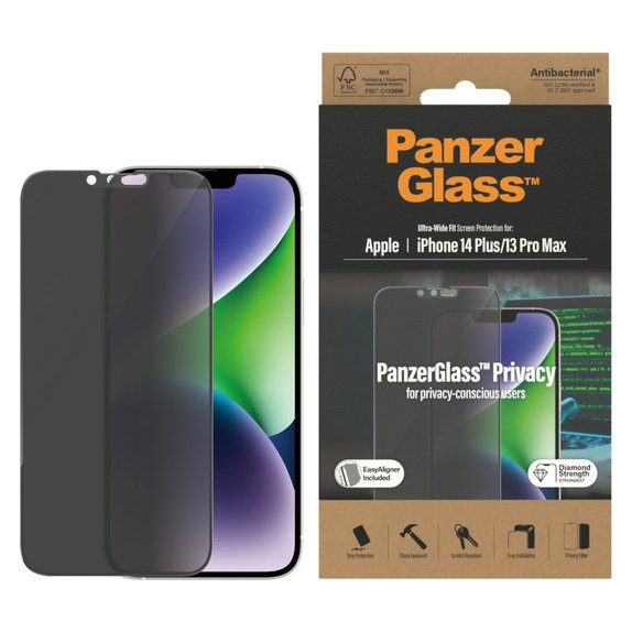 Tempered Glass UWF Privacy AB with Applicator for iPhone 14 Plus/13 Pro Max, Black, PanzerGlass