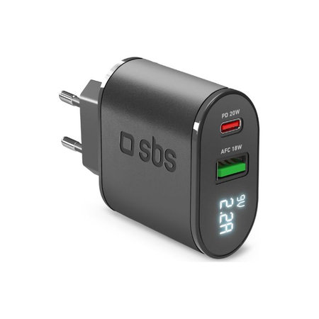 SBS - 20W Charging Adapter with LCD USB, USB-C, PowerDelivery, black