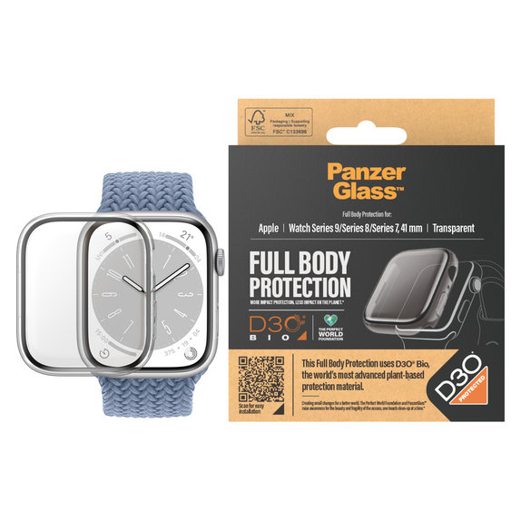 Tempered Glass Full Body D3O for Apple Watch 9/8/7 41 mm, Transparent, PanzerGlass