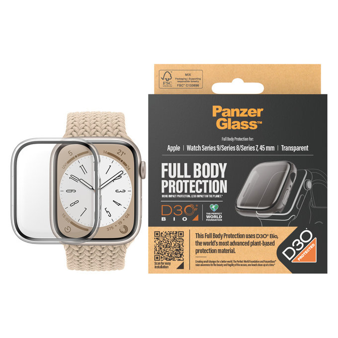 Tempered Glass Full Body D3O for Apple Watch 9/8/7 45 mm, Transparent, PanzerGlass