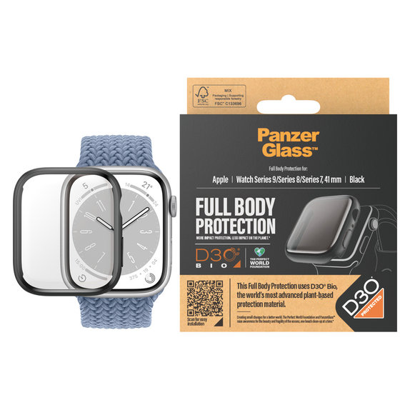 Tempered Glass Full Body D3O for Apple Watch 9/8/7 41 mm, Black, PanzerGlass