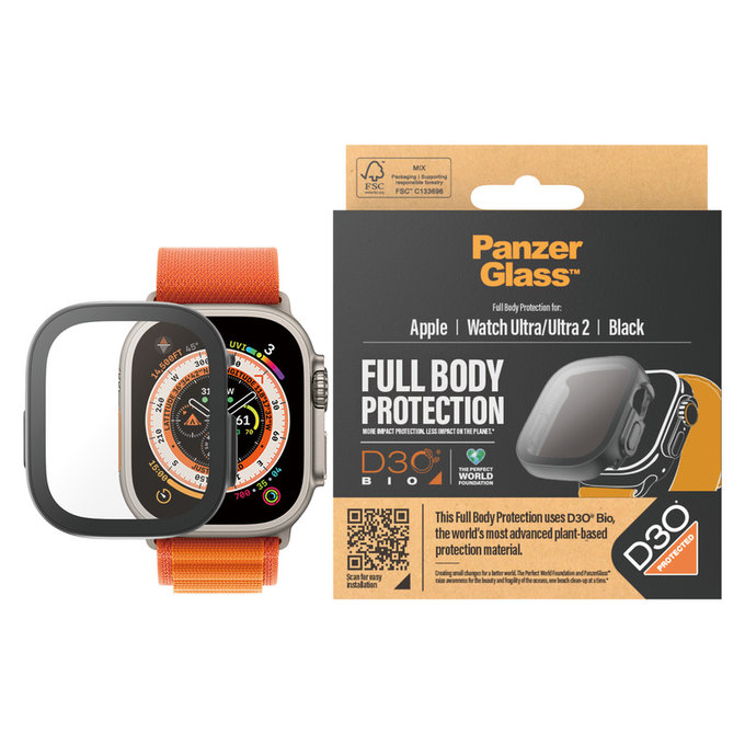 Tempered Glass Full Body D3O for Apple Watch Ultra/Ultra 2, Black, PanzerGlass