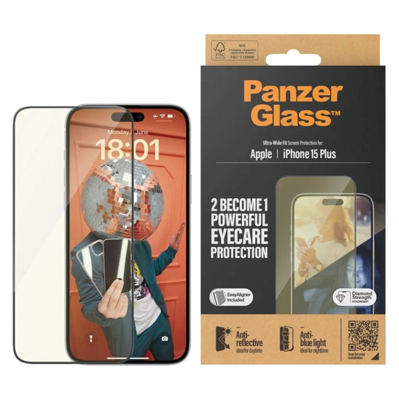 Tempered Glass UWF Eyecare with Applicator for iPhone 15 Plus, Black, PanzerGlass