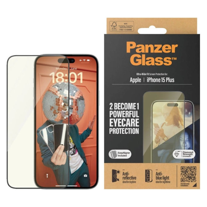 Tempered Glass UWF Eyecare with Applicator for iPhone 15 Plus, Black, PanzerGlass