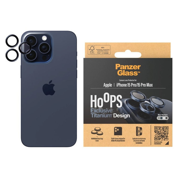 Camera Lens Protector Hoops for iPhone 15 Pro/15 Pro Max, Blue Titanium, PanzerGlass