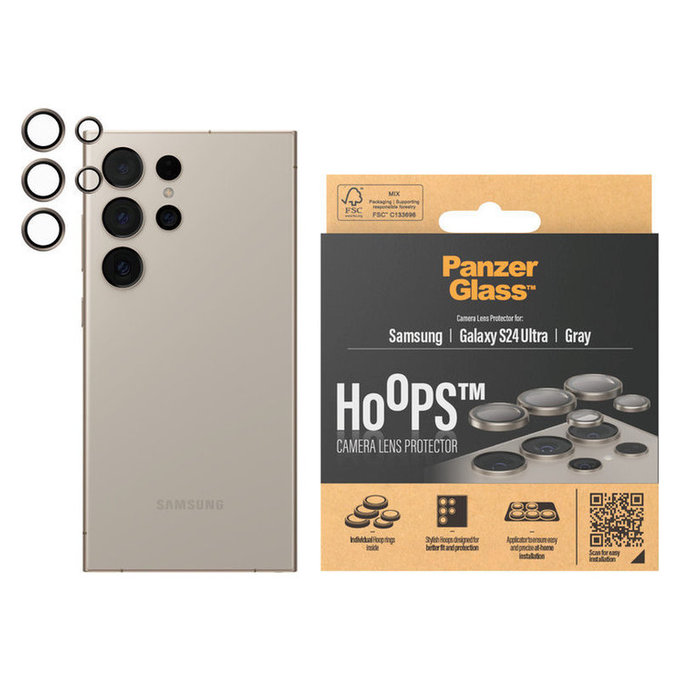 Camera Lens Protector Hoops for Samsung Galaxy S24 Ultra, Gray, PanzerGlass