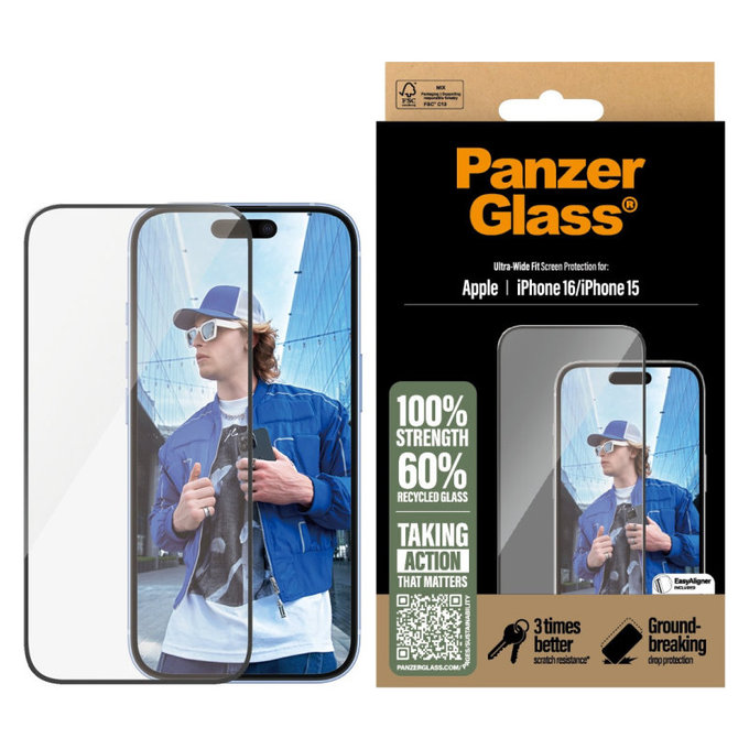 UWF Tempered Glass with Applicator for iPhone 16/15, Black, PanzerGlass