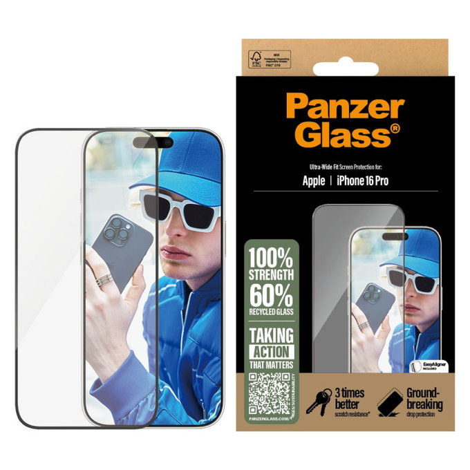Tempered Glass UWF with Applicator for iPhone 16 Pro, Black, PanzerGlass